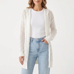 Gap For Good Mens White Crochet Knit Hooded Open Front Cardigan Sweater M